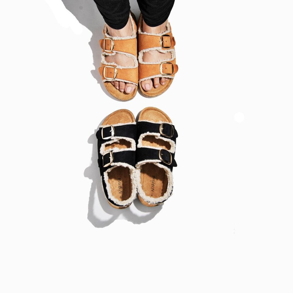 Tan Footbed Comfort Faux Teddy Fur Buckle Slide Slipper Sandals